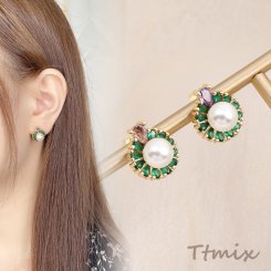 高品質ジルコニアピアス デザインピアス パール付き 12×14mm ゴールド（1ペア）