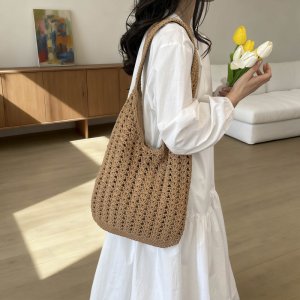 トートバッグ レディース 大容量 編みこみ メッシュ 通勤 旅行 ビーチ お洒落 ニッチ 使いやすい（1ヶ）