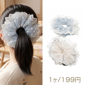 シュシュ チェック＆ドット柄 2層レース フラワーモチーフ パール付き 髪飾り 髪留め ヘアゴム ヘアアクセサリー（1ヶ）