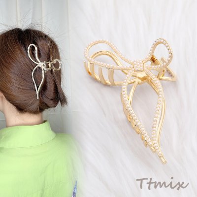 パール付きバンスクリップ メタルヘアクリップ ヘアアクセサリー リボン 6×11.5cm ゴールド（1ヶ）