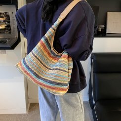 ニットバッグ ショルダーバッグ 大容量 ニット手提げ レディース 編みバッグ 軽量 サマーニット 通勤 通学 ニット 手提げ 編み込み ビーチバッグ（1ヶ）