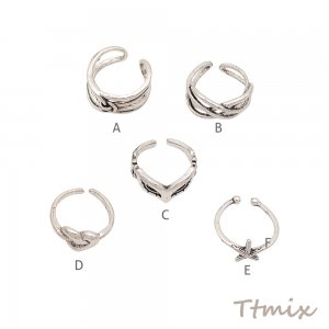 デザインリング スマート 変形デザイン ヴィンテージ風 アンティークシルバー メタルリング オープンリング 全5種（1個）