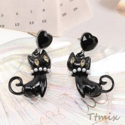 デザインピアス ハート＆猫のピアス 19×36mm ブラック（1ペア）