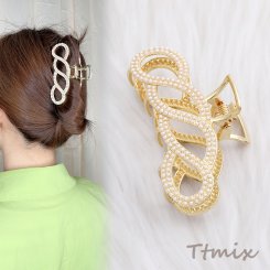 パール付きバンスクリップ メタルヘアクリップ ヘアアクセサリー 4.5×9cm ゴールド（1ヶ）