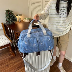 旅行バッグ レディース トートバッグ デニム生地 リボン刺繍 通勤 出張 マタニティ 実用的 多機能（1ヶ）