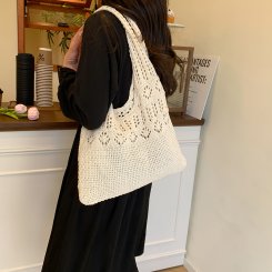 ニットバッグ トートバッグ 大容量 ニット手提げ レディース網バッグ 編みバッグ ショルダー 軽量 サマーニット 通勤 通学 透かし彫り ニット バッグ（1ヶ）