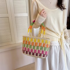 手提げバッグ レディース かごバッグ 草編み ピクニック 旅行 お洒落 可愛い シンプル（1ヶ）