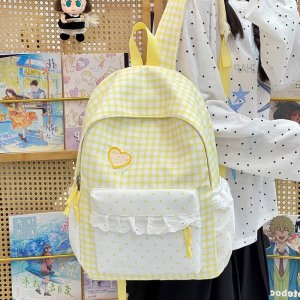 リュックサック 女子高生 レディース リュック ナイロン製 チェック柄 ハート刺繍 レース付き 通学 通勤 遠足 可愛い 耐摩耗 お手入れ簡単（1ヶ）