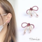 デザインピアス リボンのピアス パール＆ラインストーン付き ゴールド ピンク（1ペア）
