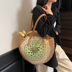 ニットバッグ 透かし彫り ショルダーバッグ 大容量 円形 ニット手提げ レディース網バッグ 編みバッグ 軽量 通勤 ニット 手提げ 編み込み バッグ（1ヶ）