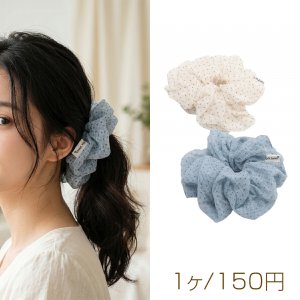 シュシュ チェック＆ドット柄 シアーチュール シュシュ 髪飾り 髪留め ヘアゴム ヘアアクセサリー（1ヶ）