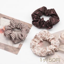 シュシュ ブラウン シンプル チェック リボン フラワー 髪飾り 髪留め ヘアゴム ヘアアクセサリー（1ヶ）