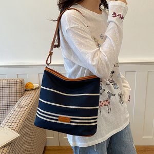 トートバッグ レディース 2way バッグ デニム キャンバス ストライプ ミックス 通勤 旅行 お洒落 2025新作（1ヶ）