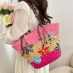 リゾートバッグ レディース ショルダーバッグ ビーチバッグ 手編み刺繍 三色スター木ビーズ リゾート風 お洒落 休日 旅行 ビーチリゾート（1ヶ）