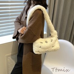 2wayバッグ 秋バッグ 女の子 女子 ハンドバッグ ウール レディース 保温 軽い バケツバッグ 斜めがけ 大容量 小さめショルダーバッグ シンプル 無地 通勤ホワイト（1ヶ）